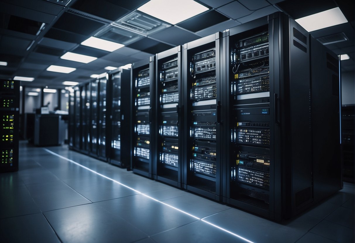 A modern trading and data recovery center. Multiple computer servers with flashing lights and data storage devices