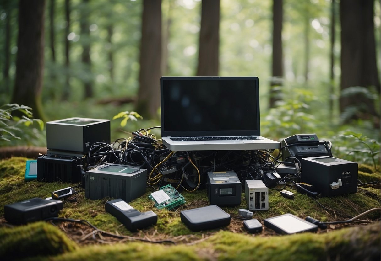 A serene forest clearing with a computer and electronic waste being responsibly disposed of, surrounded by green technology and sustainable energy sources
