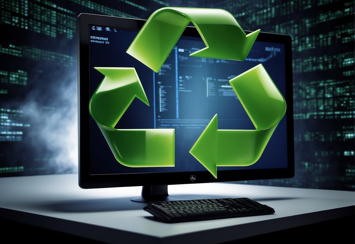 A computer being wiped clean, with a recycling symbol in the background, representing environmental benefits of data deletion in green IT initiatives