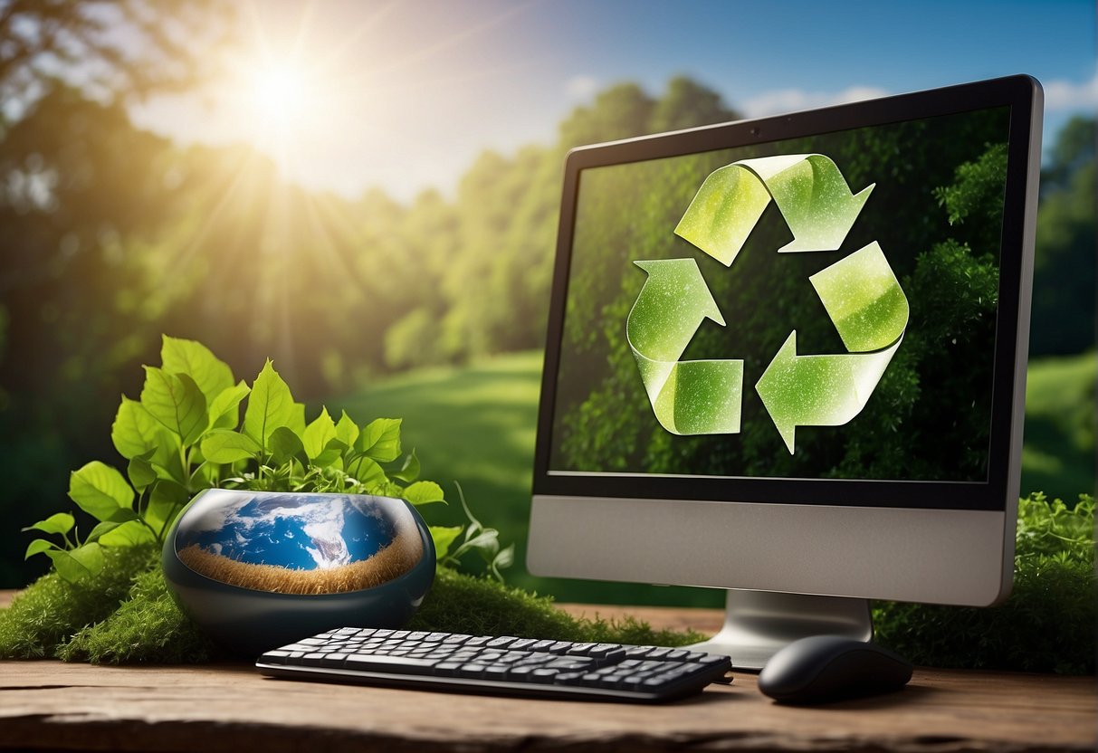 A computer monitor displaying a green IT initiative with a recycling symbol, surrounded by images of renewable energy sources and a tree symbolizing sustainability