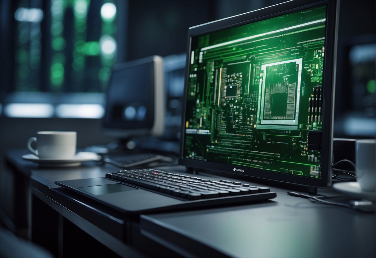 A computer being securely wiped clean, surrounded by green technology and business symbols