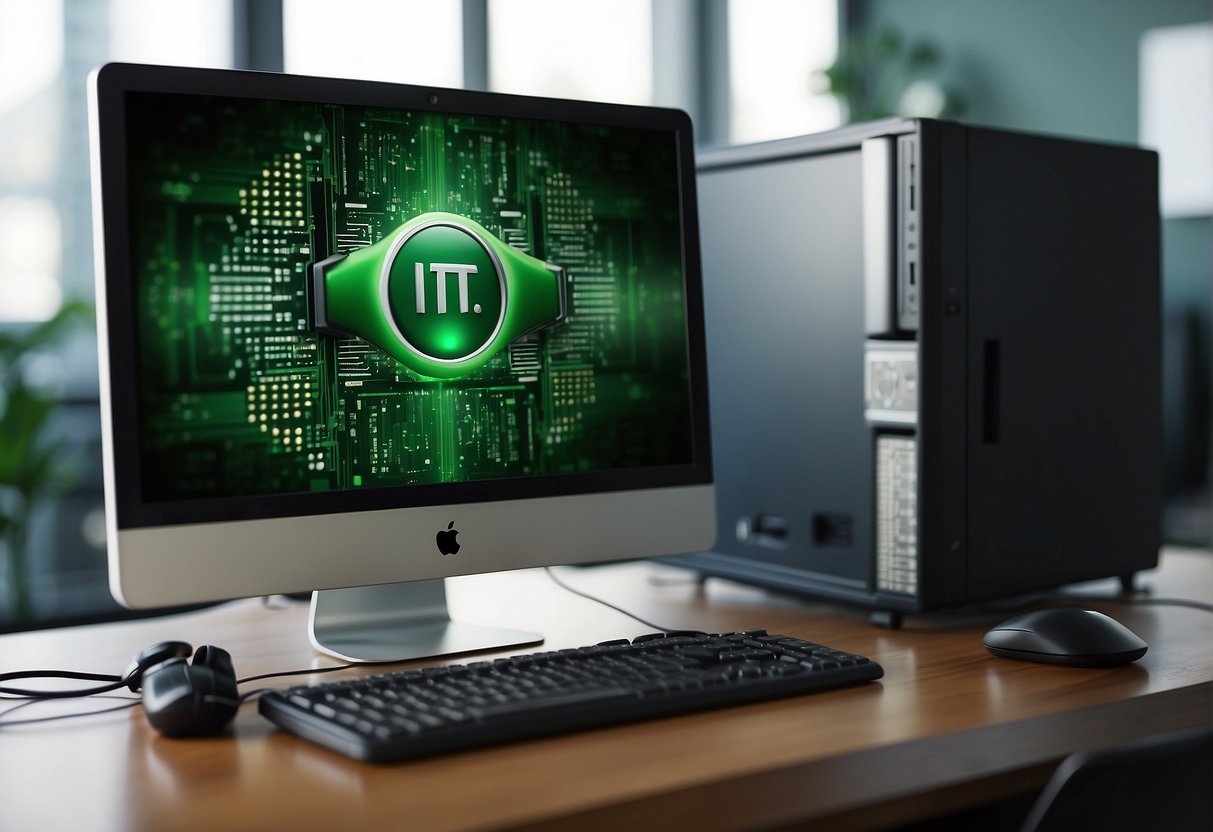 A computer being securely wiped with a green IT initiative logo in the background