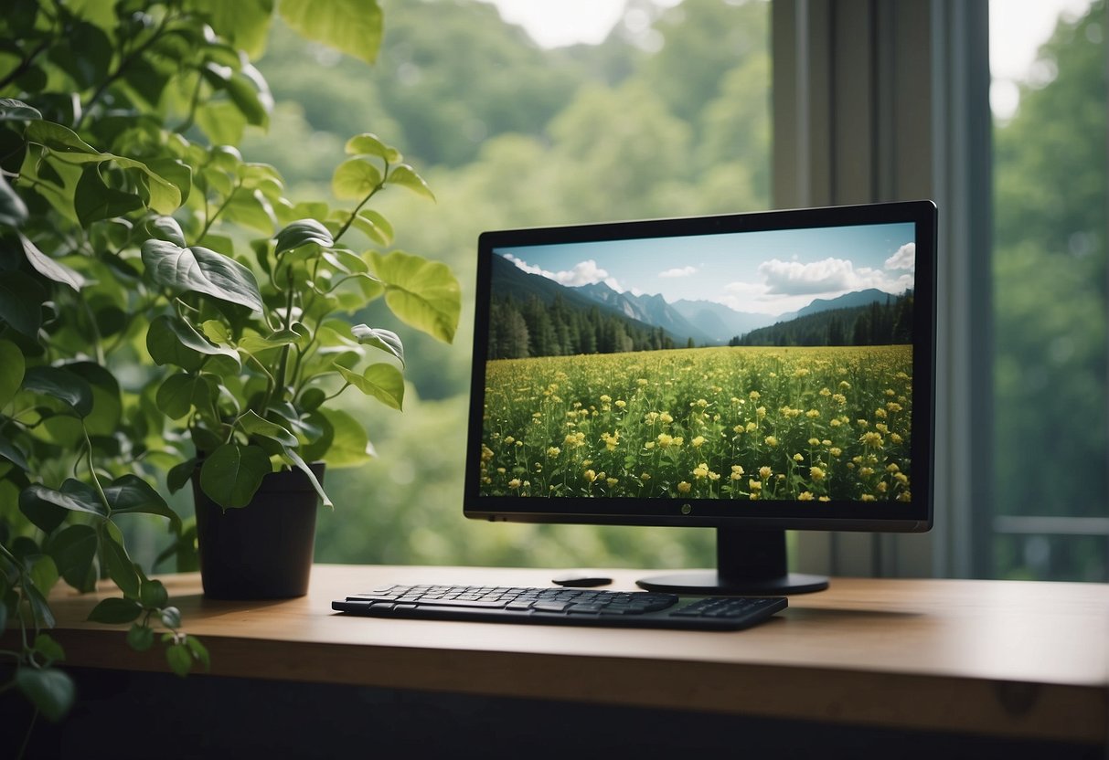 A lush green landscape with a computer monitor sprouting leaves and flowers, symbolizing the environmental benefits of data deletion in green IT initiatives