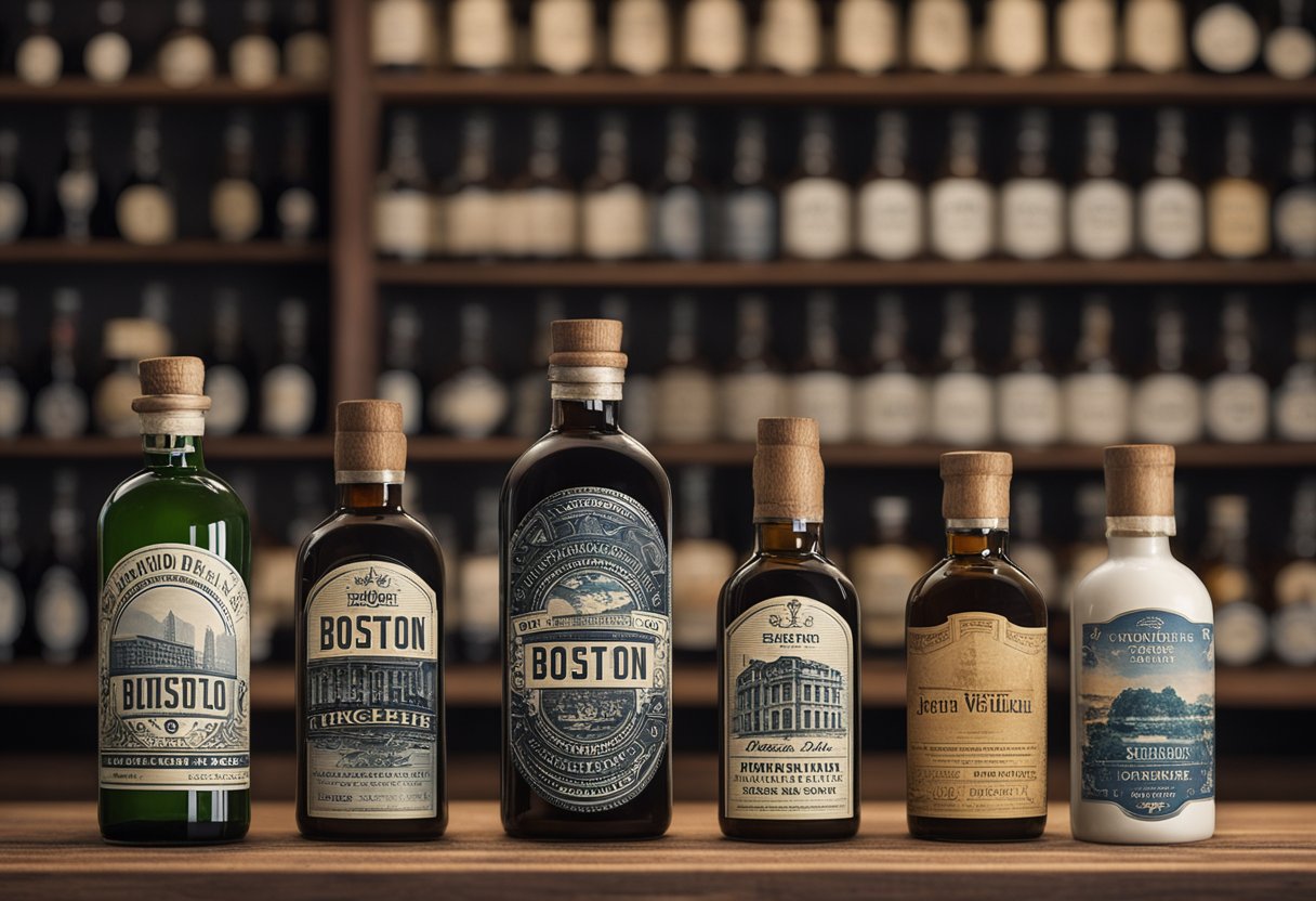 Boston round bottles lined up on a wooden shelf, showcasing the evolution of their design over time. Labels display the historical progression of the bottle's use and popularity