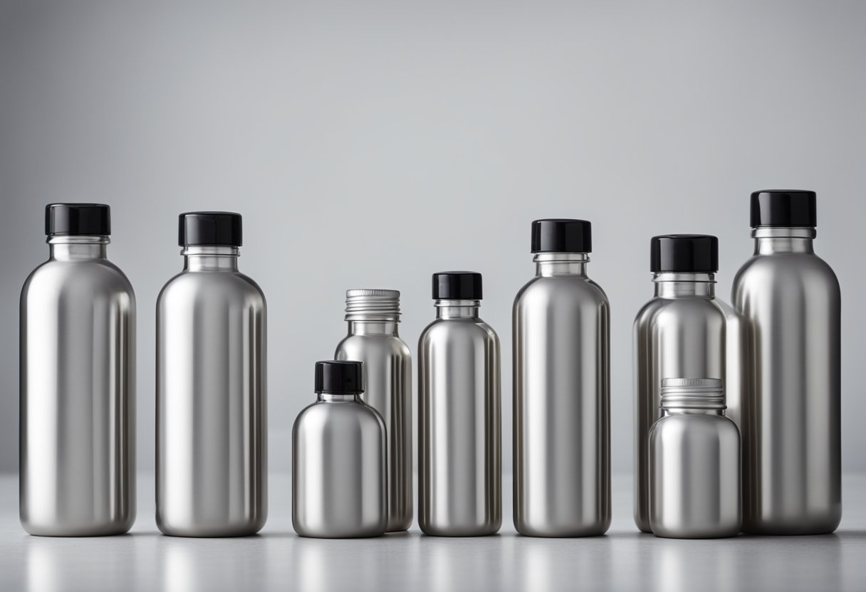 A row of boston round bottles, varying in size, with sleek design and smooth features, arranged on a clean, white surface
