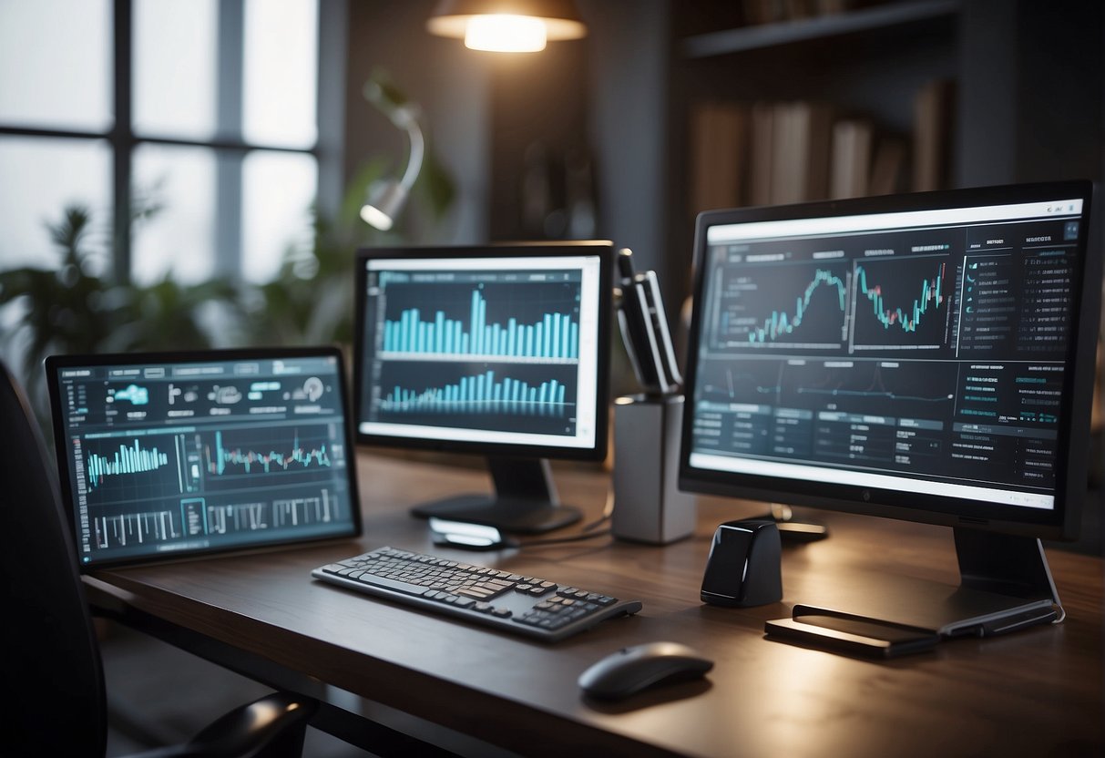 A table with various tools and solutions for efficient data erasure. A computer screen displaying digital transformation support