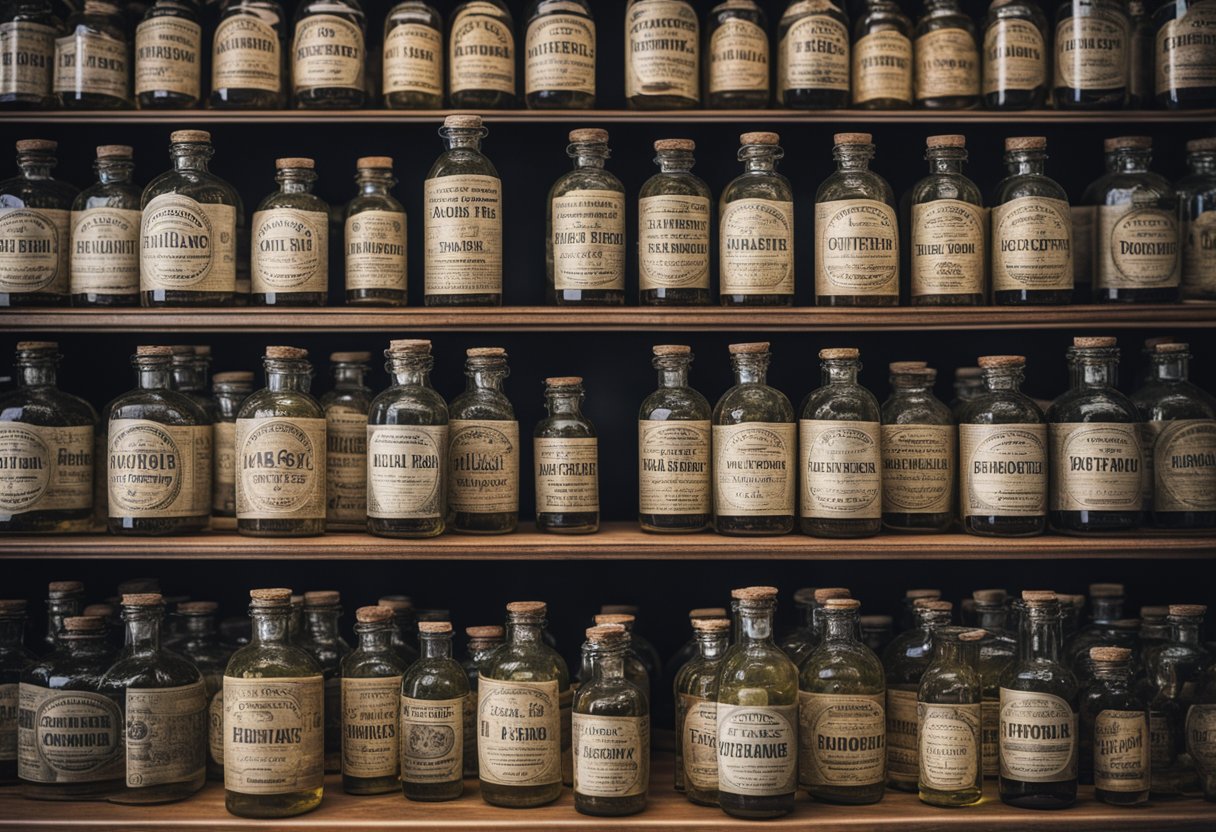 A shelf lined with Boston round glass bottles in various sizes, displaying their history through different label designs and slight variations in shape