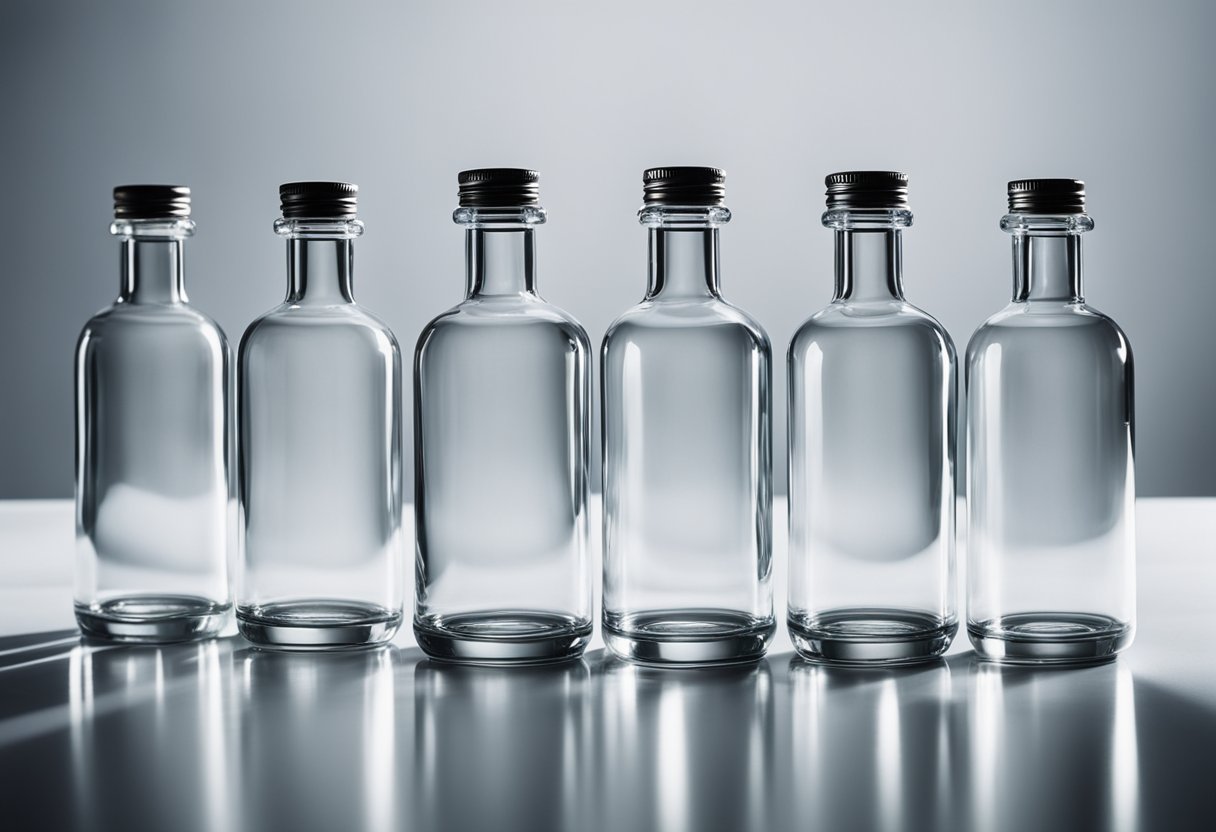 Several boston round glass bottles arranged on a clean, white surface, showcasing their sleek design and various features
