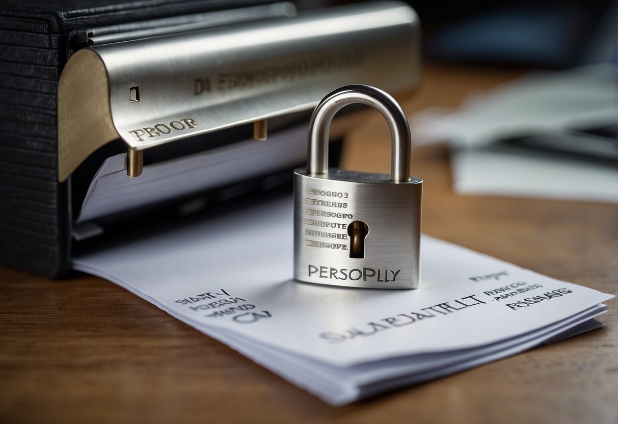 A lock protecting a folder with "Personopplysninger" written on it, while a shredder destroys papers with "Dataslettingens" written on them