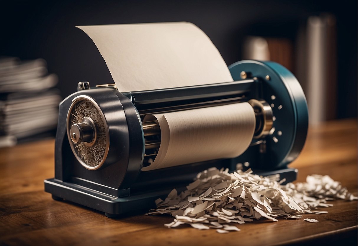 A shredder destroying a stack of paper with "Personvernlovgivning og Regelverk Dataslettingens rolle i beskyttelse av personopplysninger" written on it