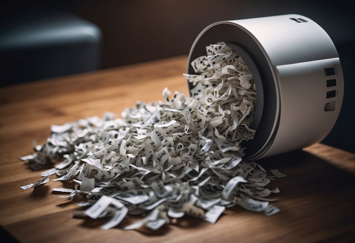 A shredder destroying paper documents with the words "Behandling av Personopplysninger Dataslettingens rolle i beskyttelse av personopplysninger" written on them