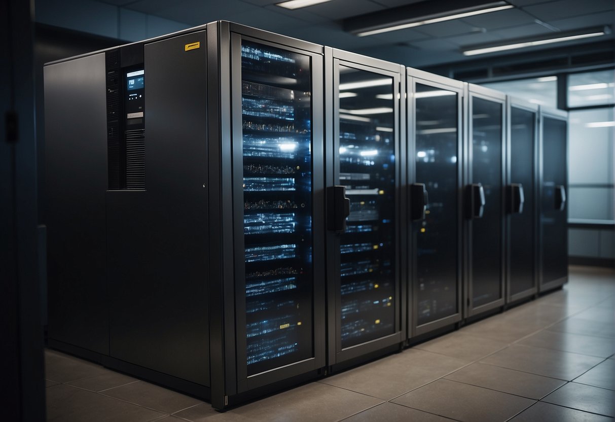 A secure server room with locked cabinets and a shredding machine for data disposal