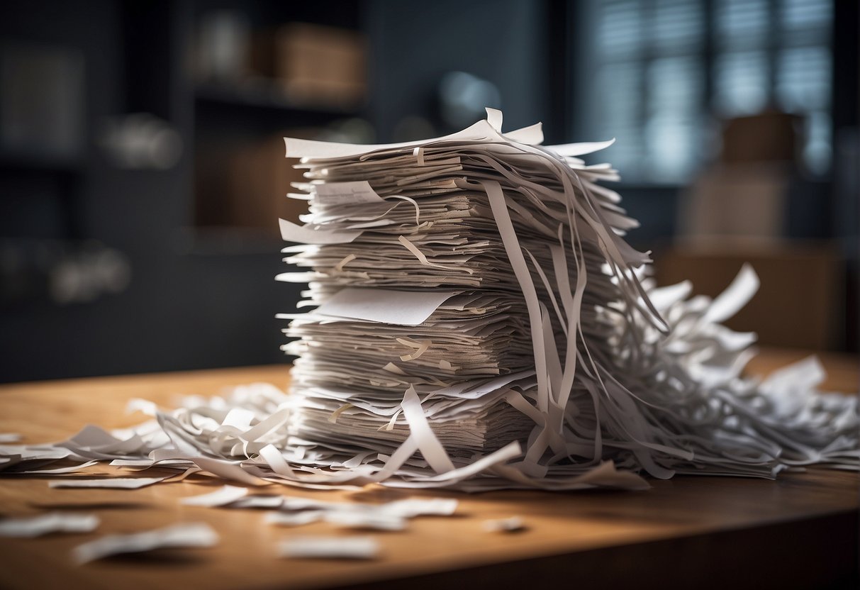 A shredder destroying a stack of papers labeled "Internasjonal Overføring av Personopplysninger" to symbolize data protection