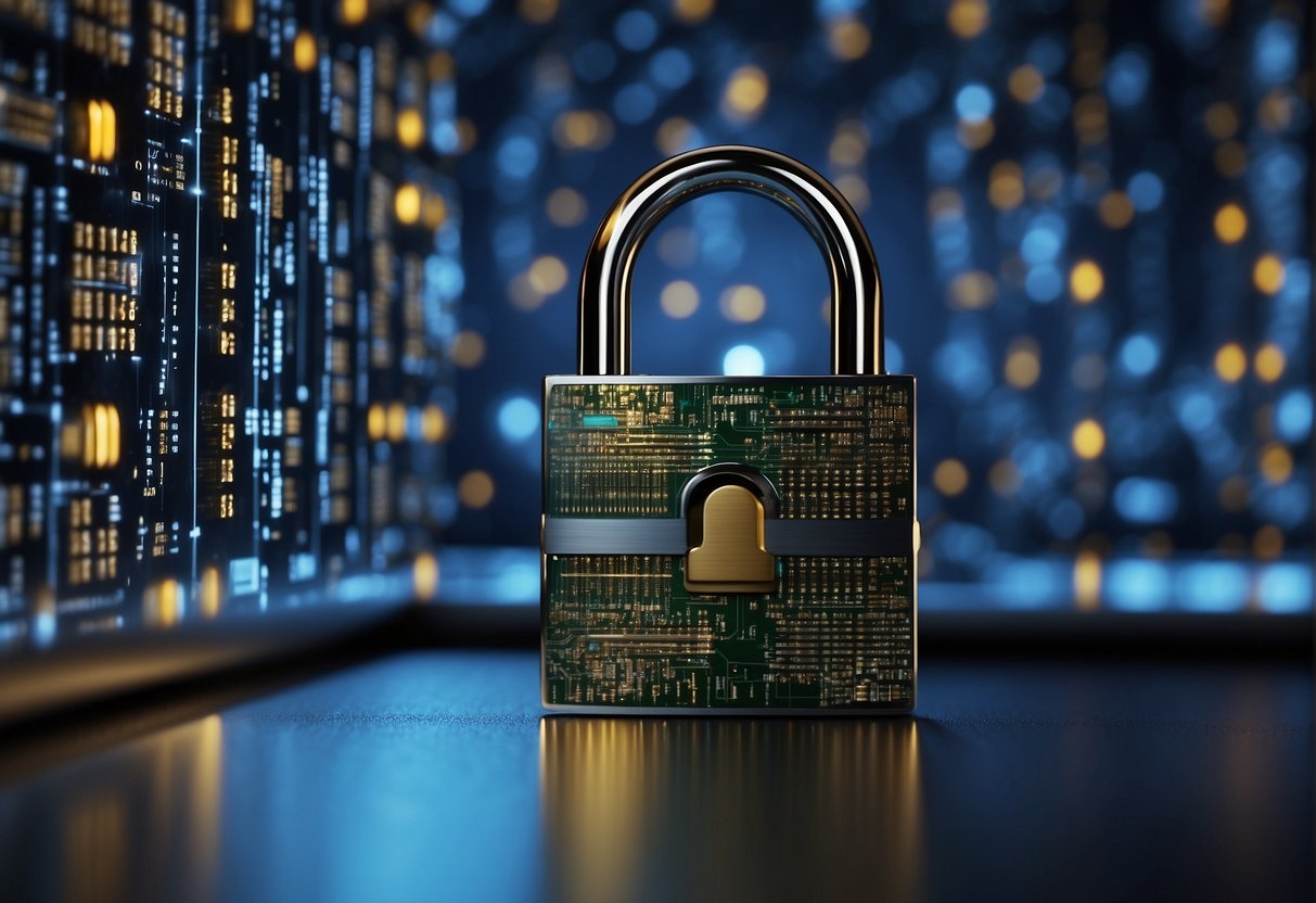 A padlock symbolizing data protection against a backdrop of interconnected computer nodes