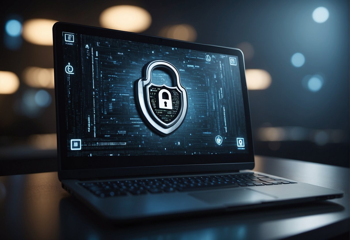 A computer screen displays a lock symbol surrounded by a shield, representing the role of data deletion in protecting personal information