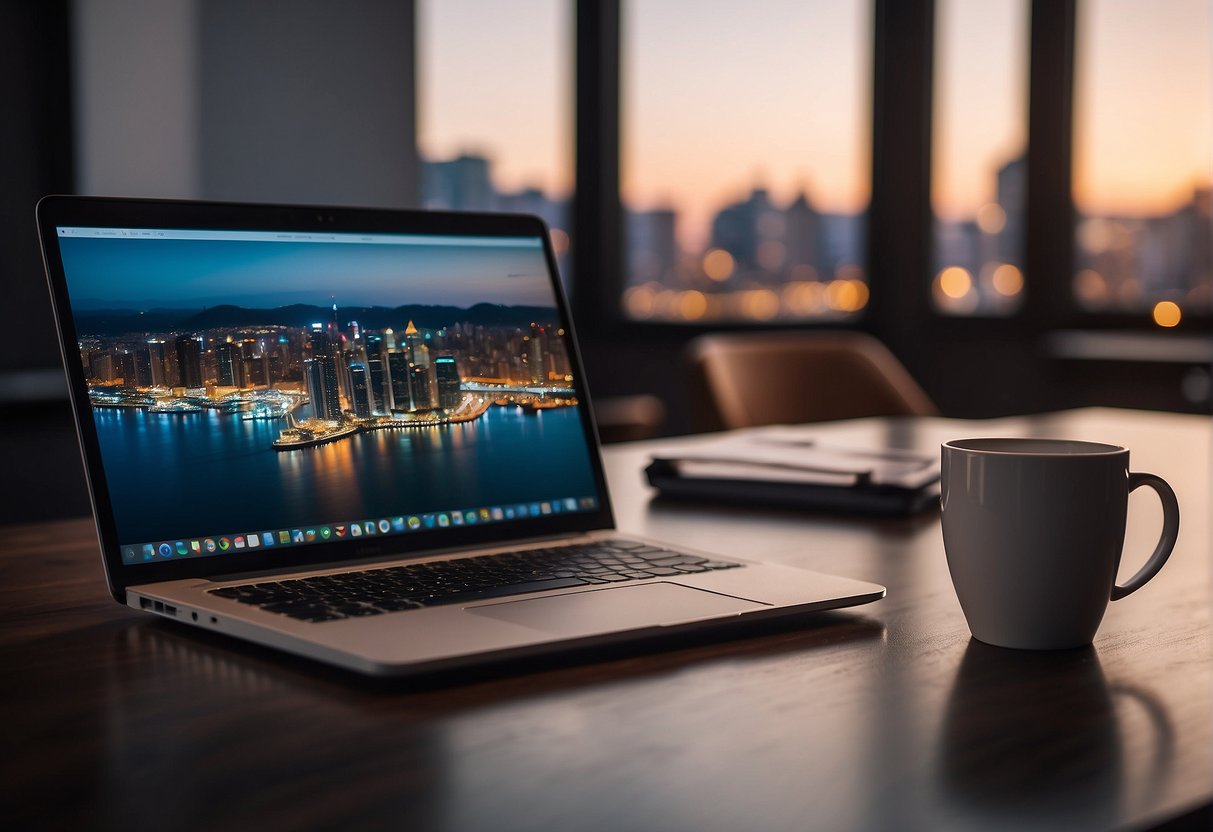 A laptop on a clean, organized desk with a secure VPN connection and a shredder nearby