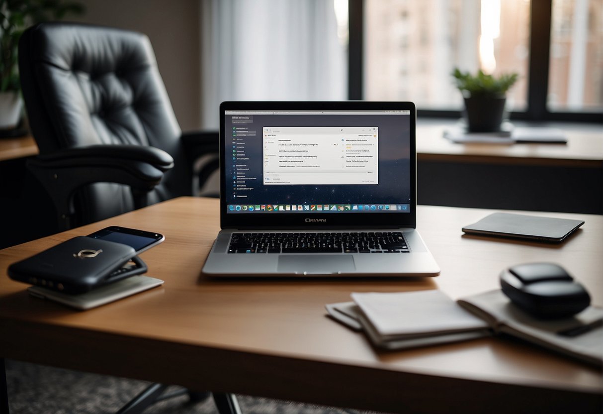 A laptop on a desk with a secure data shredding software running, a remote work guidebook, and a comfortable chair in a well-lit room