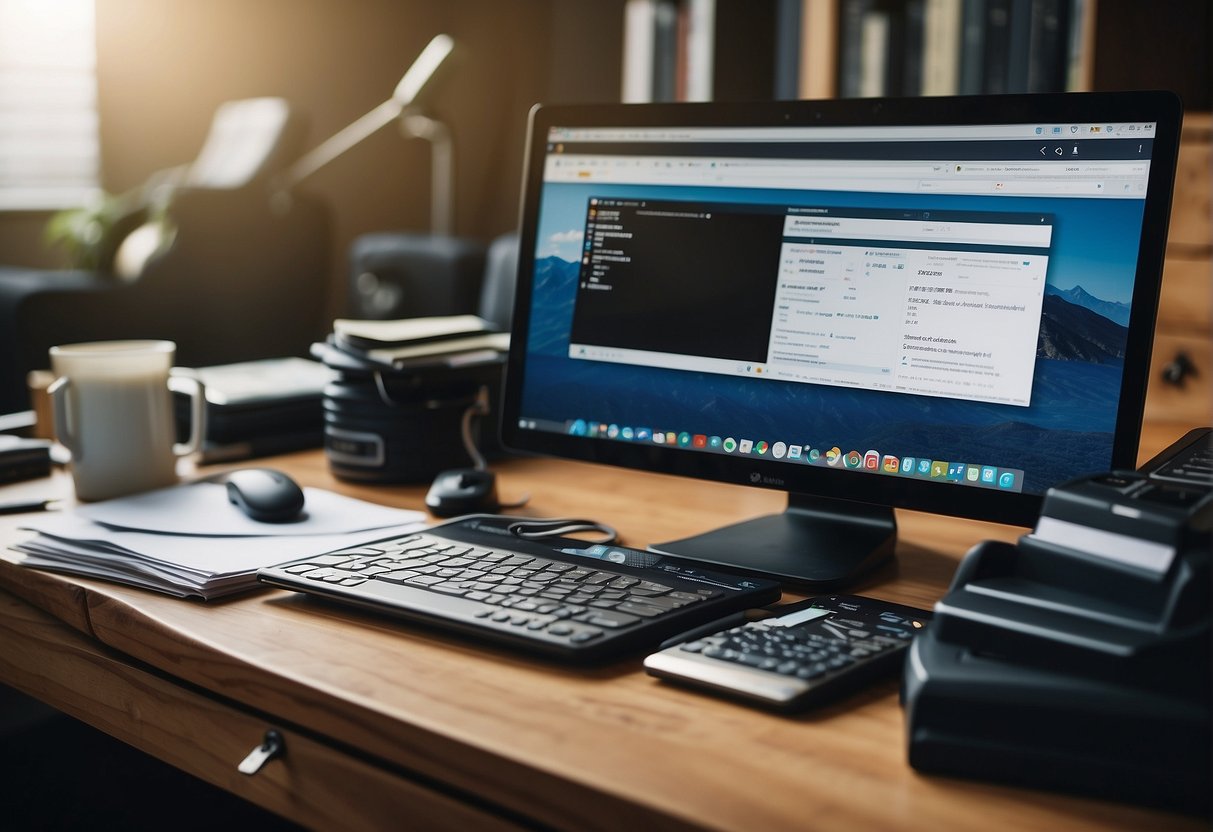 A cluttered desk with a laptop, scattered papers, and a secure shredder in a remote work setting