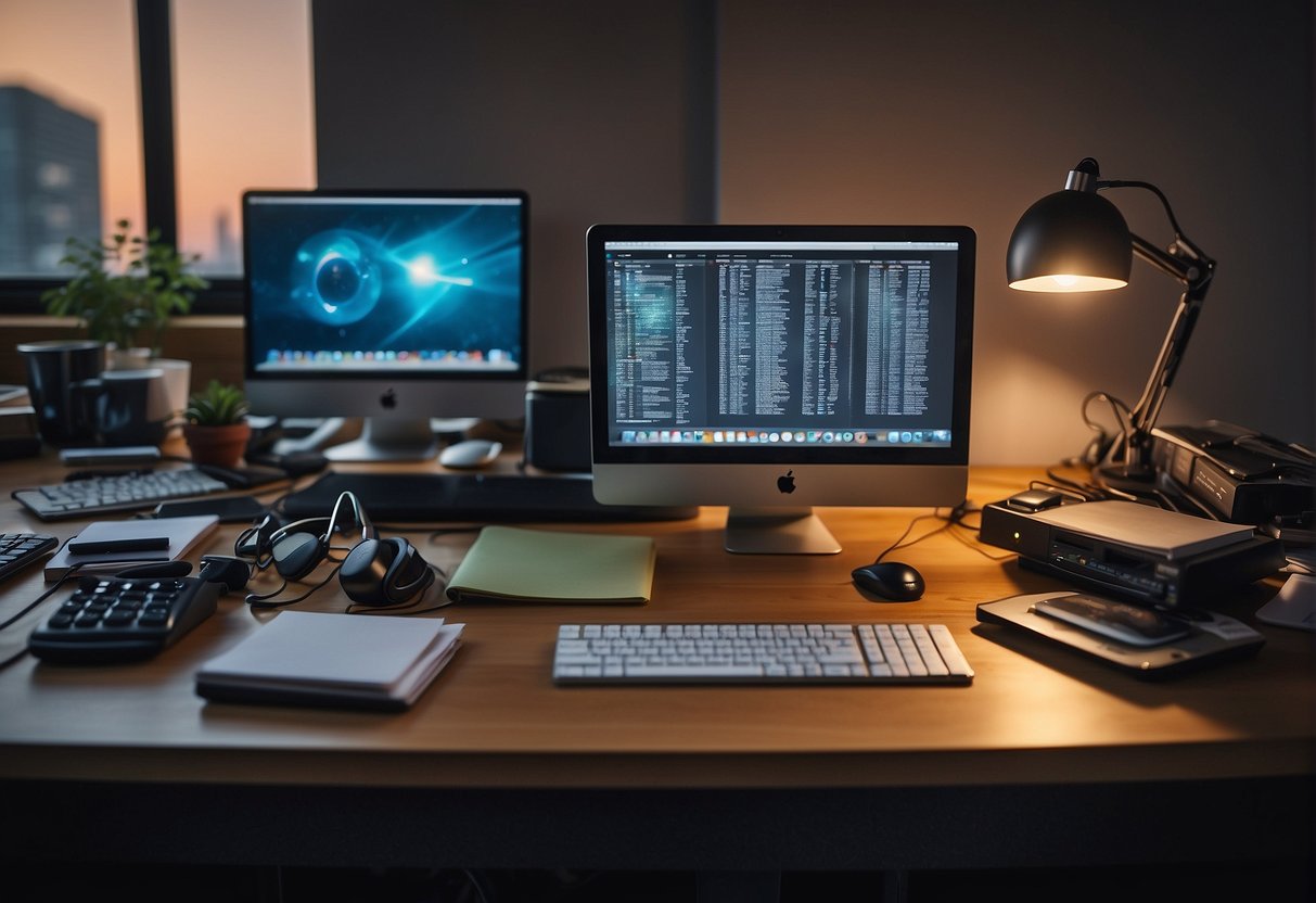 A cluttered desk with a computer, phone, and documents. A person working remotely, with a focus on data security