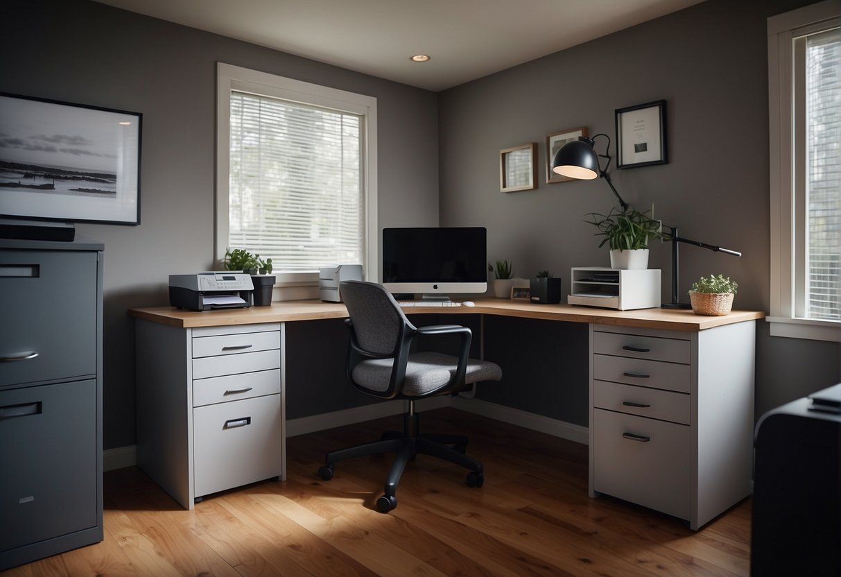 A home office with a computer, desk, and chair. A document shredder and secure data disposal bin nearby