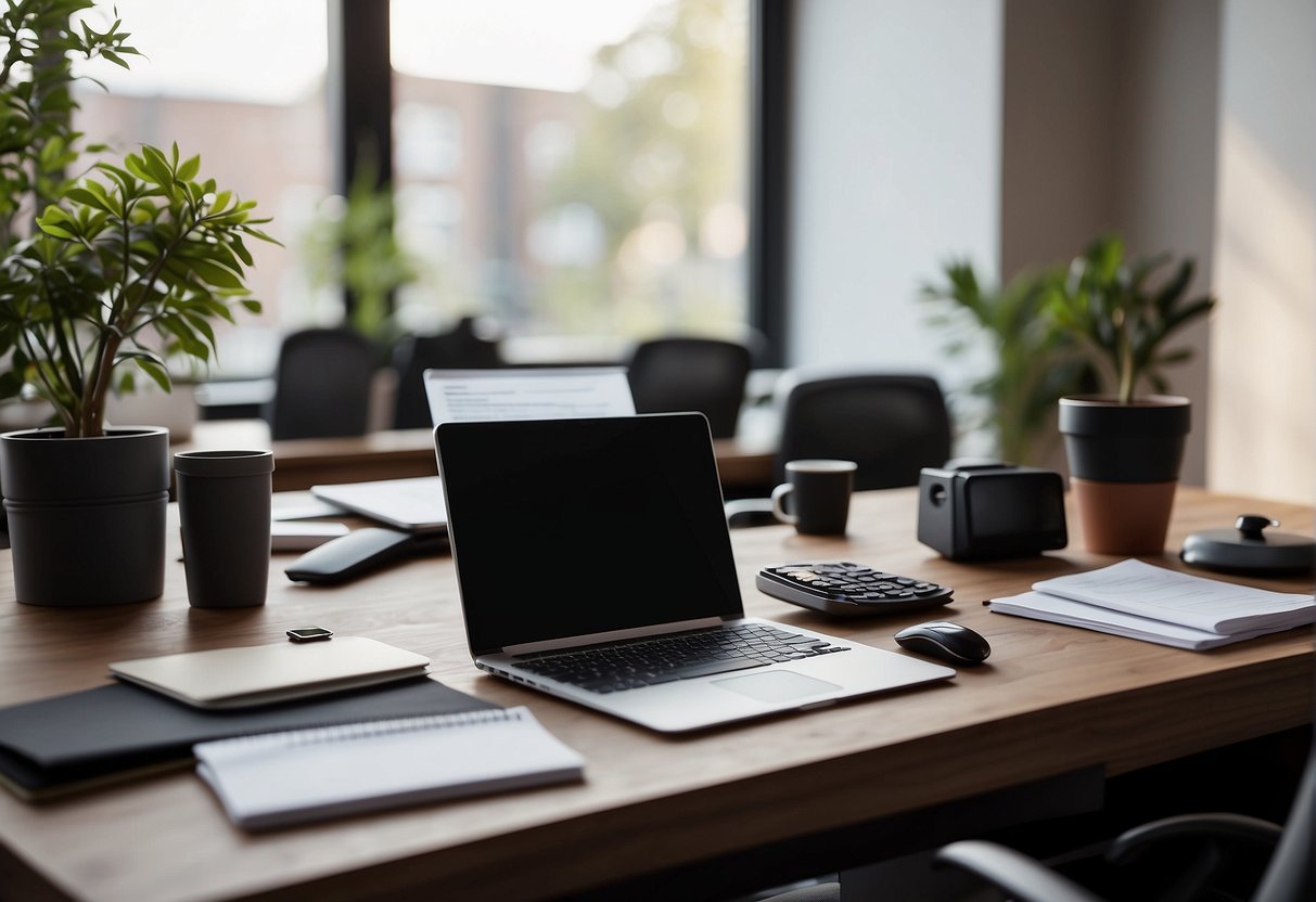 A desk with a computer, phone, and documents. A remote work setting with support and resources for employees. Best practices for data deletion