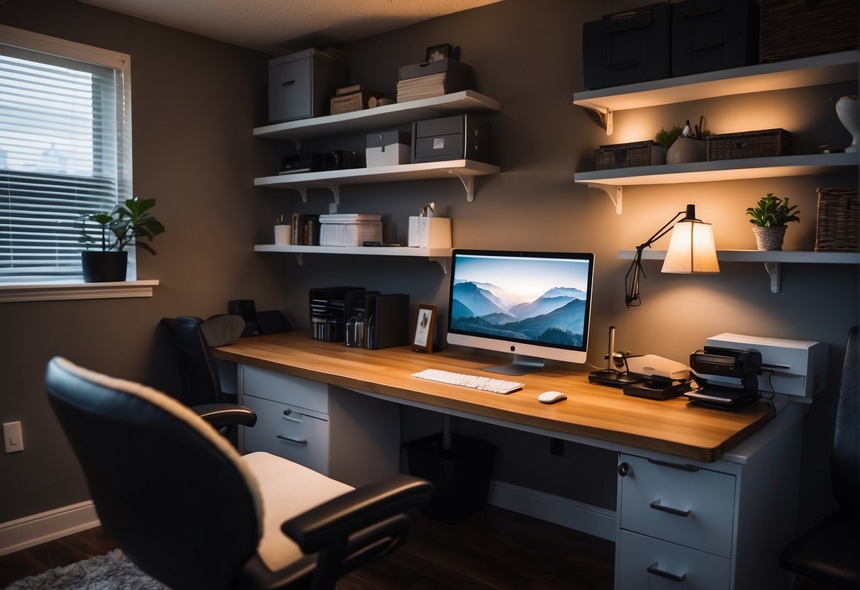 A cozy home office with a tidy desk, ergonomic chair, and proper lighting for remote work. A computer and paperwork are neatly organized