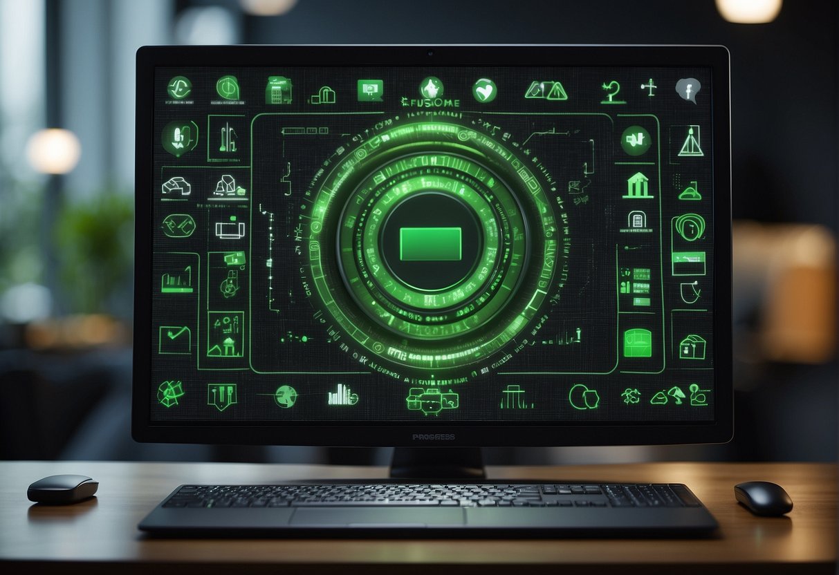 A computer screen displaying a progress bar for data erasure, with a green checkmark indicating completion, surrounded by icons representing environmental and social responsibility
