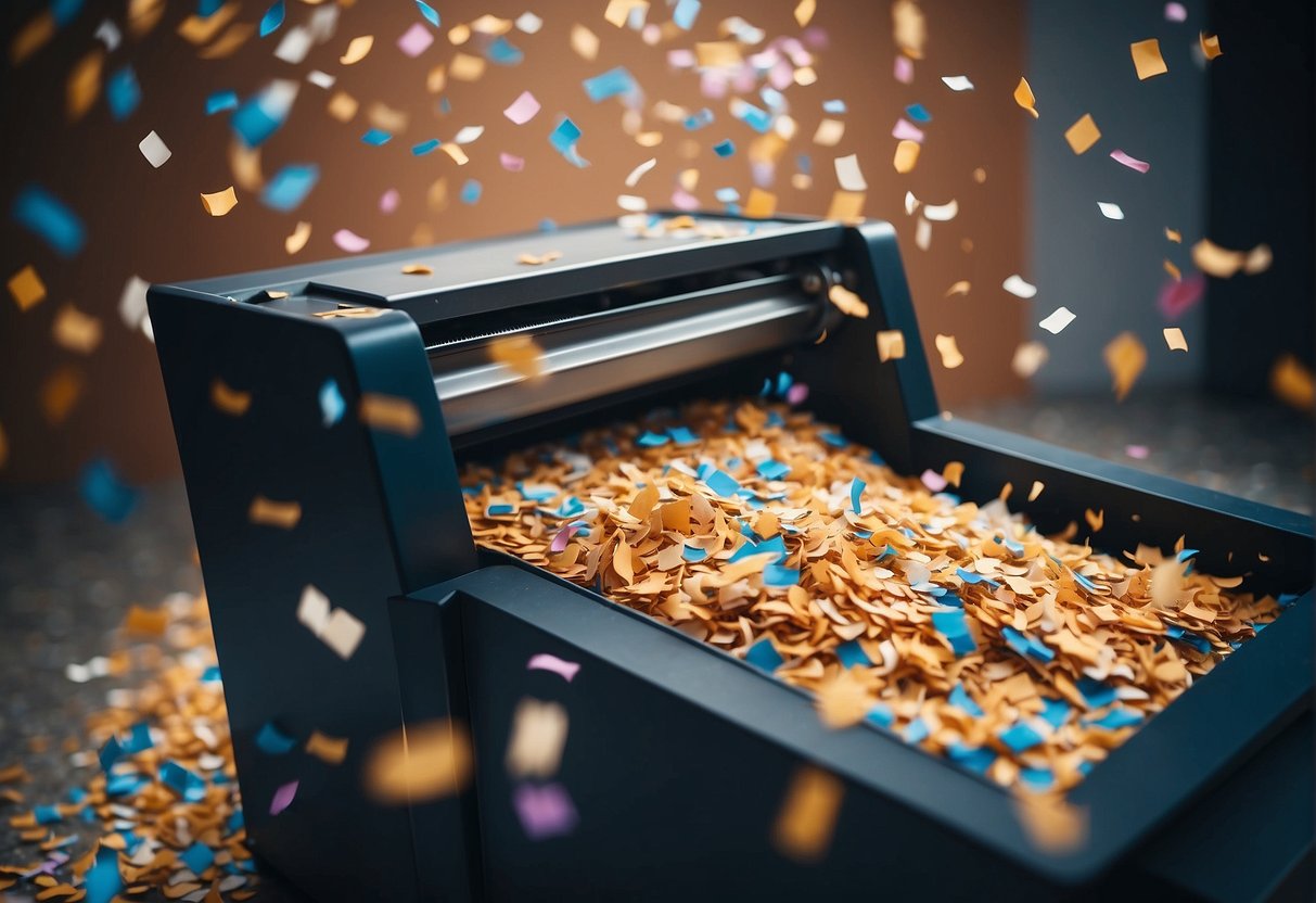 A shredder machine transforms paper into confetti, symbolizing data erasure's role in CSR initiatives and business competitiveness