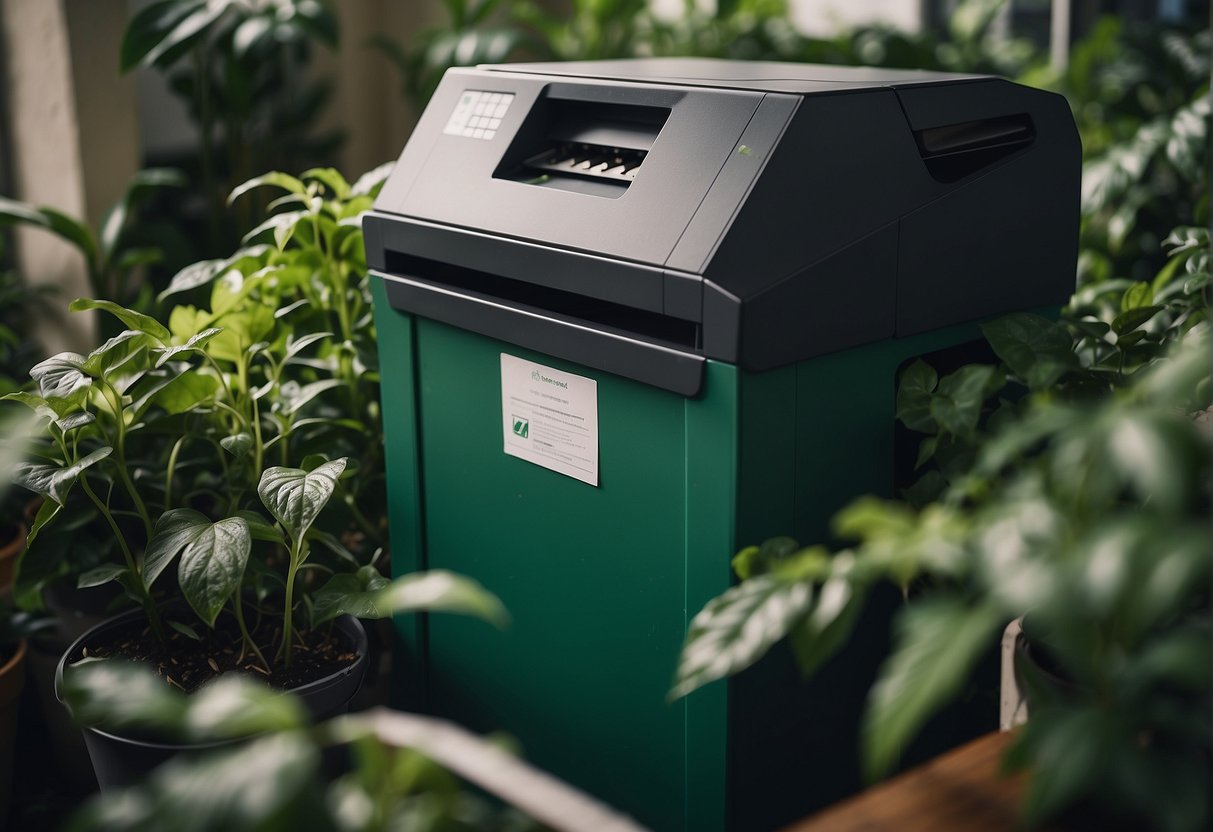 A shredder machine destroying documents, surrounded by green plants and a recycling bin