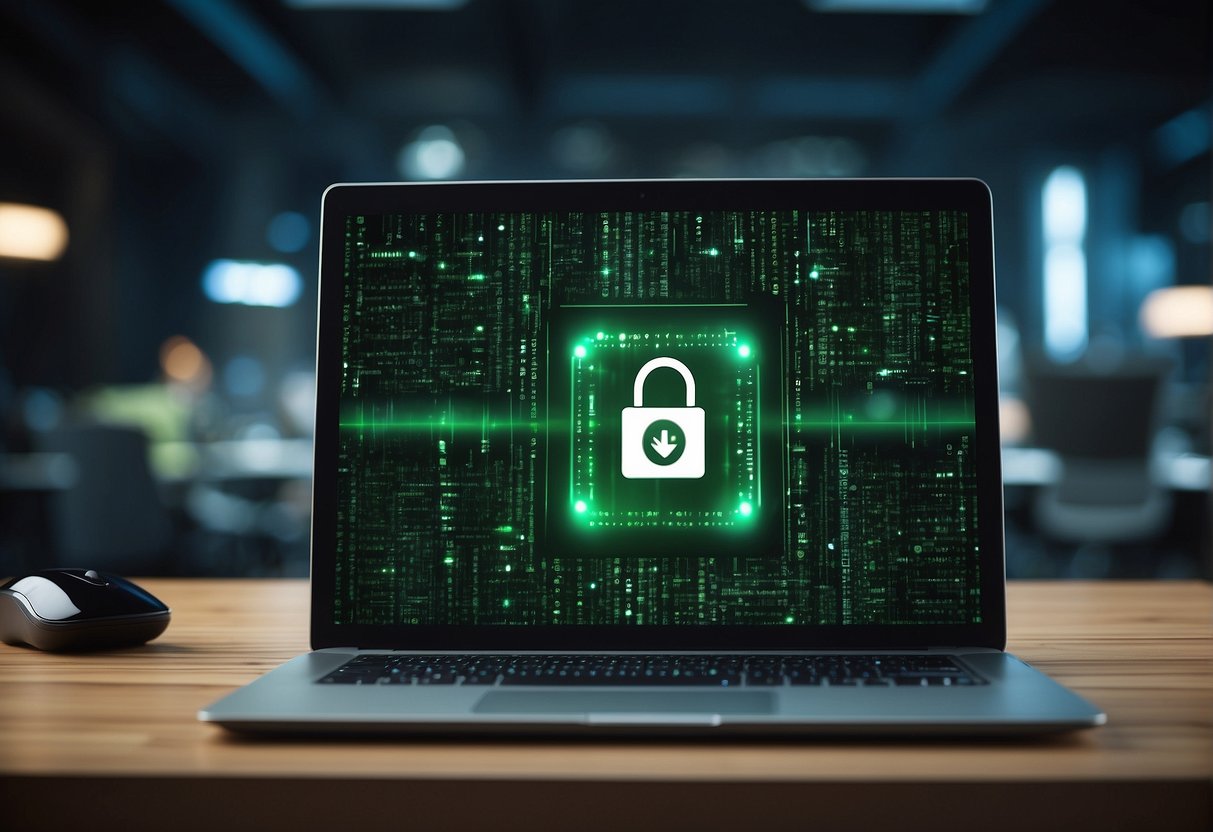 A computer being securely wiped with a green check mark indicating successful data erasure, surrounded by icons representing corporate social responsibility initiatives