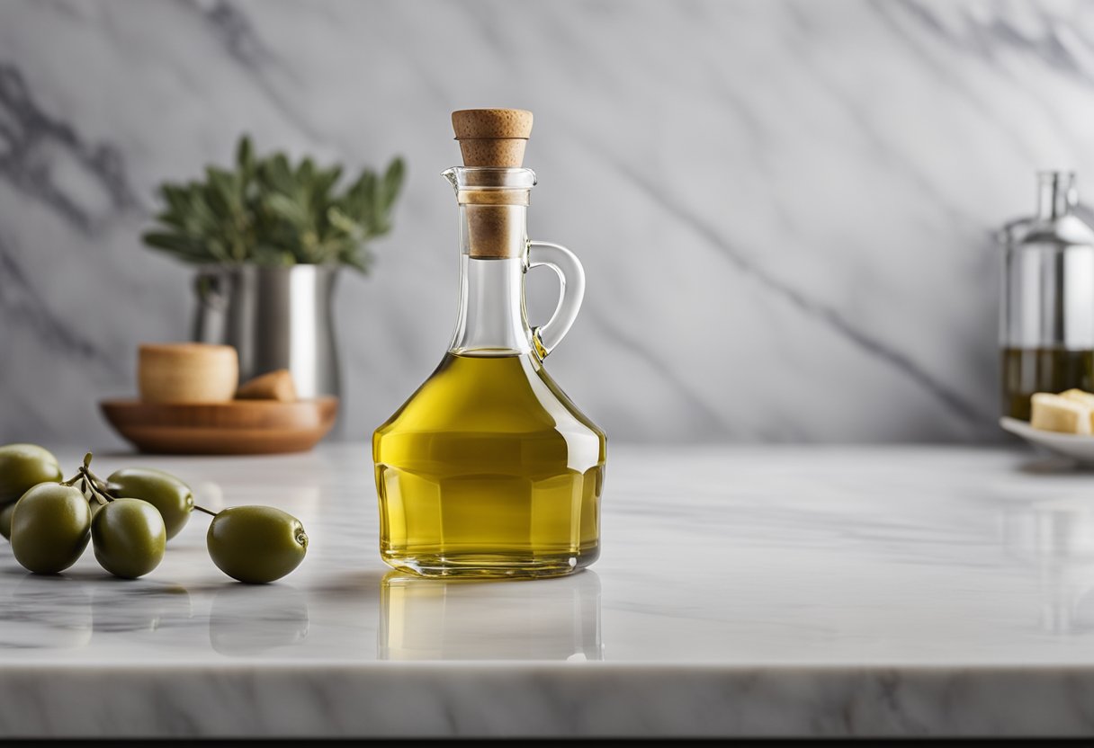 A clear olive oil bottle sits on a marble countertop, with a sleek and modern design