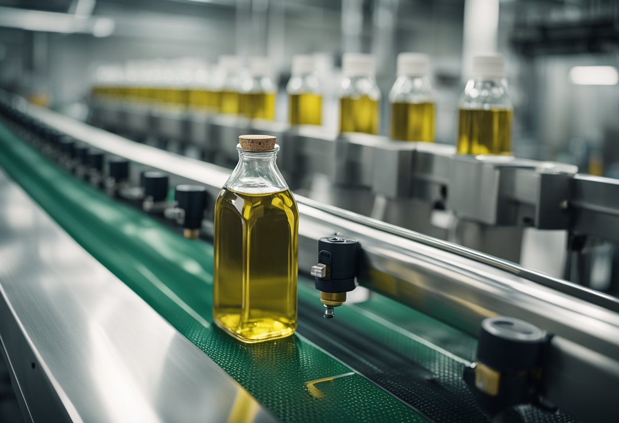 Machinery fills, seals, and labels a clear olive oil bottle on a conveyor belt in a modern manufacturing facility