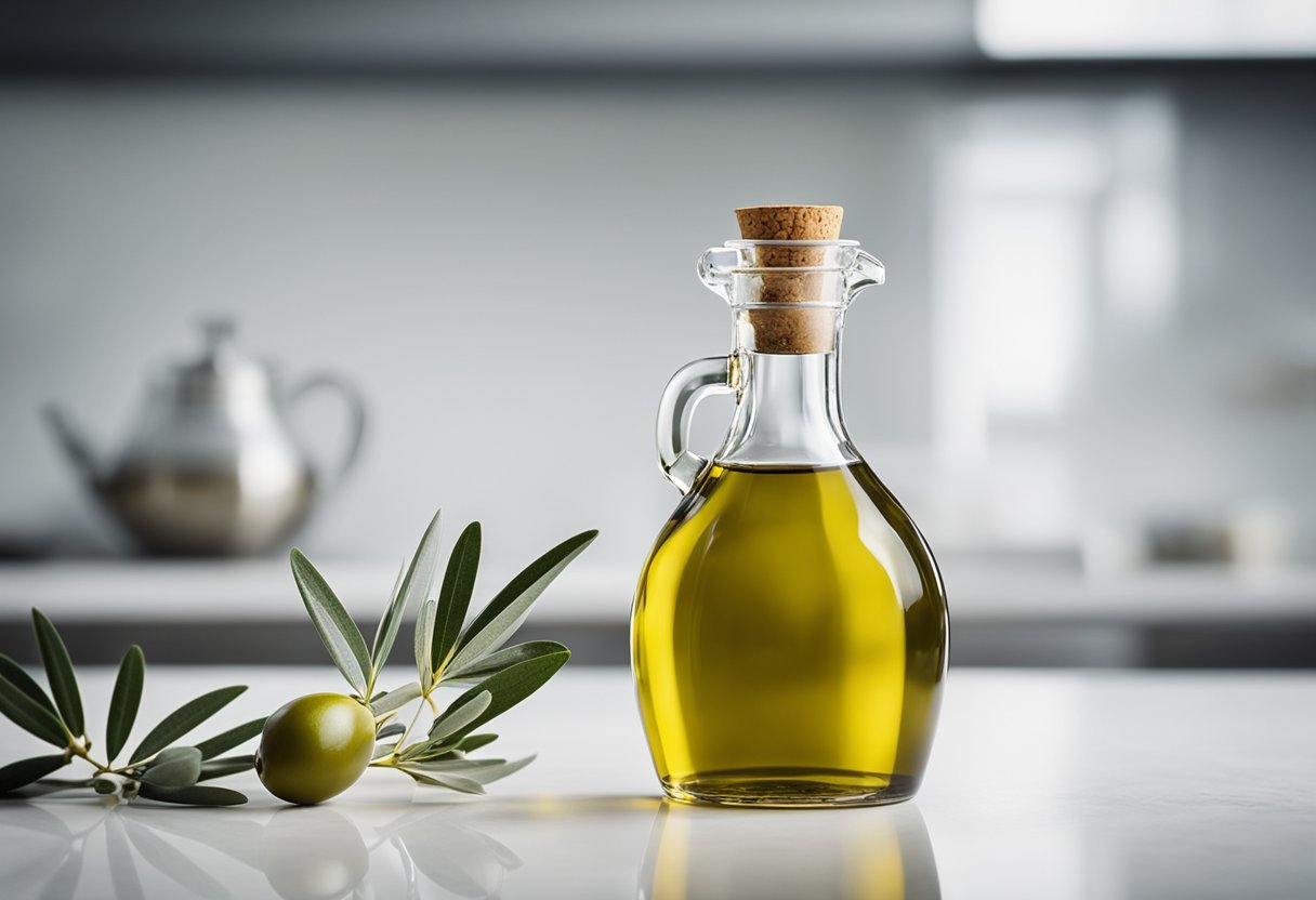 A clear olive oil bottle sits on a clean, white countertop, catching the light and showcasing its transparent, smooth surface