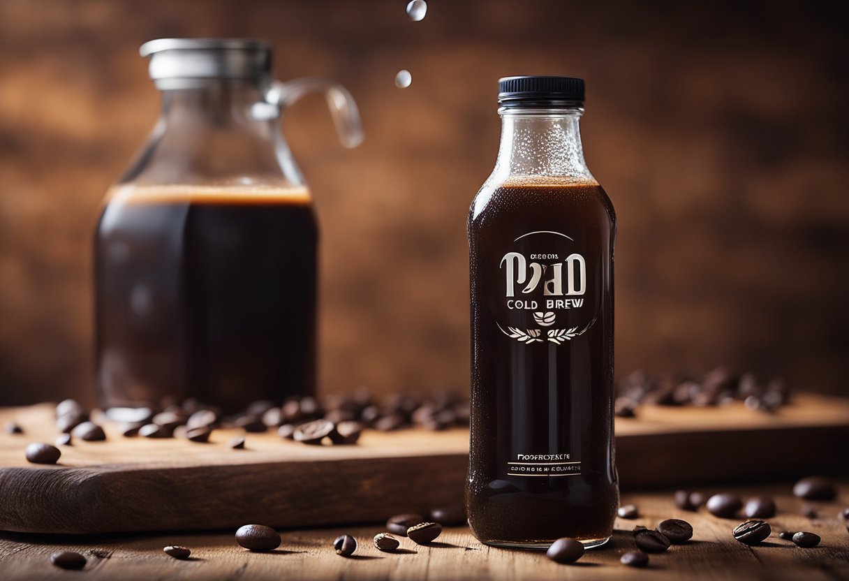 A cold brew coffee bottle sits on a rustic wooden table, surrounded by scattered coffee beans and a few droplets of condensation on the glass