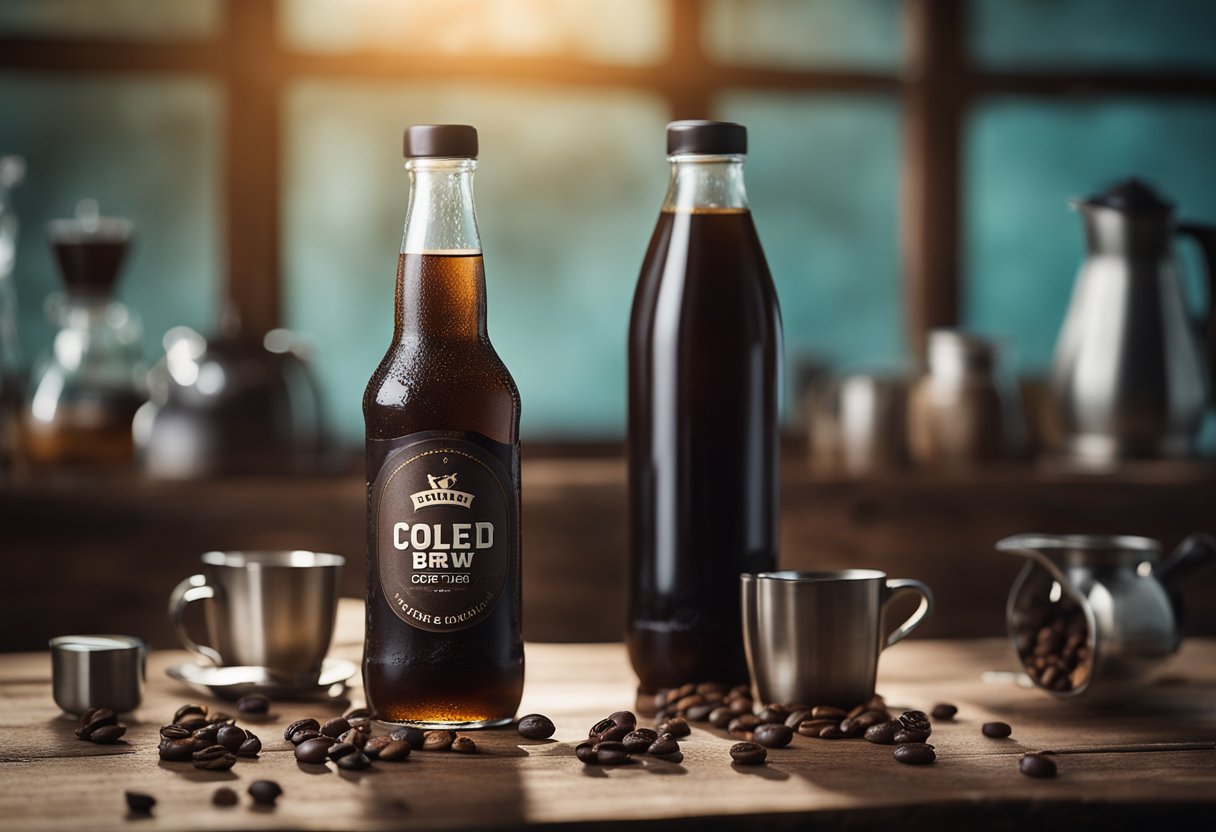 A cold brew coffee bottle sits on a rustic wooden table, surrounded by ice cubes and a few scattered coffee beans