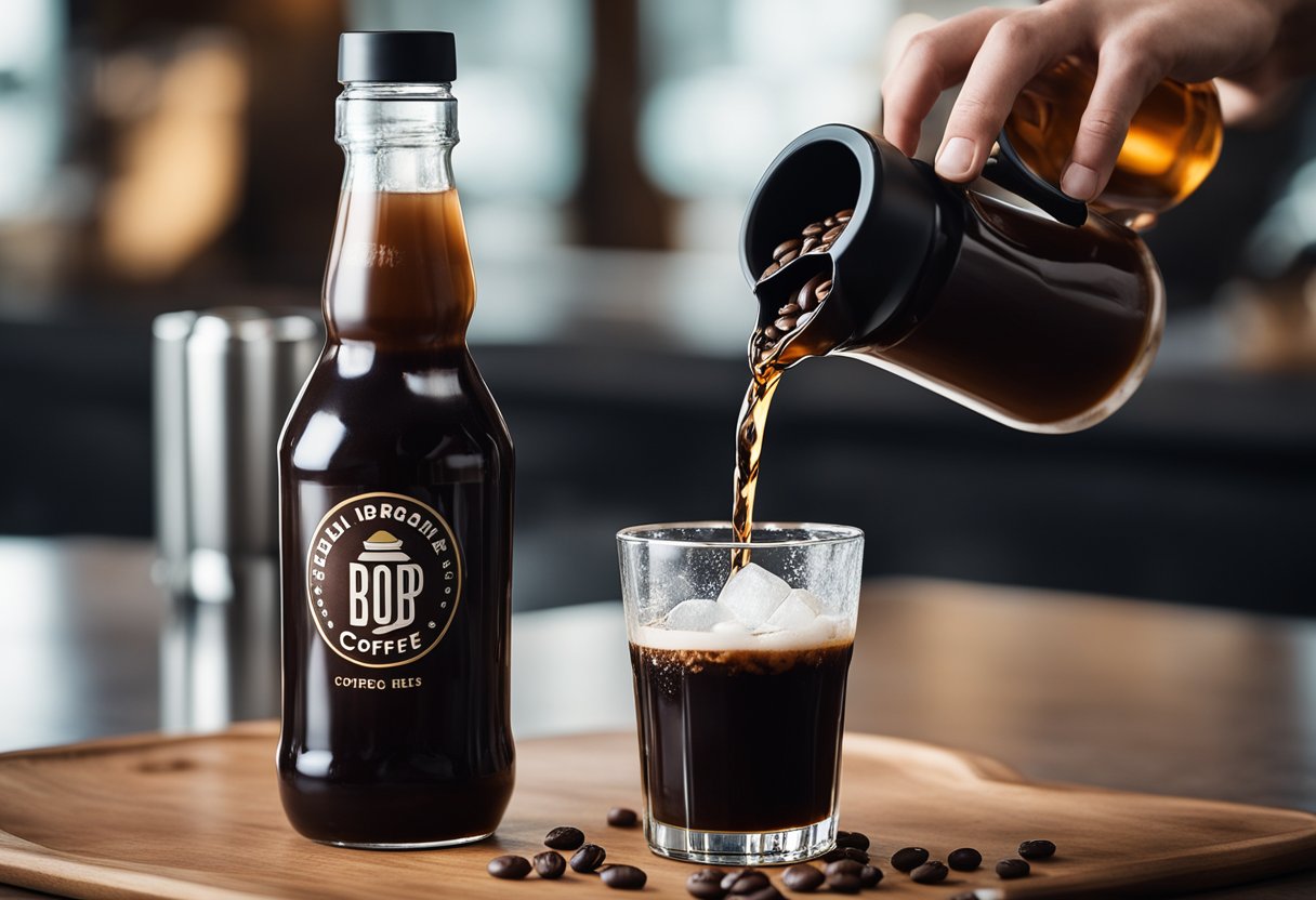 A cold brew coffee bottle being filled with dark liquid, surrounded by ice and coffee beans
