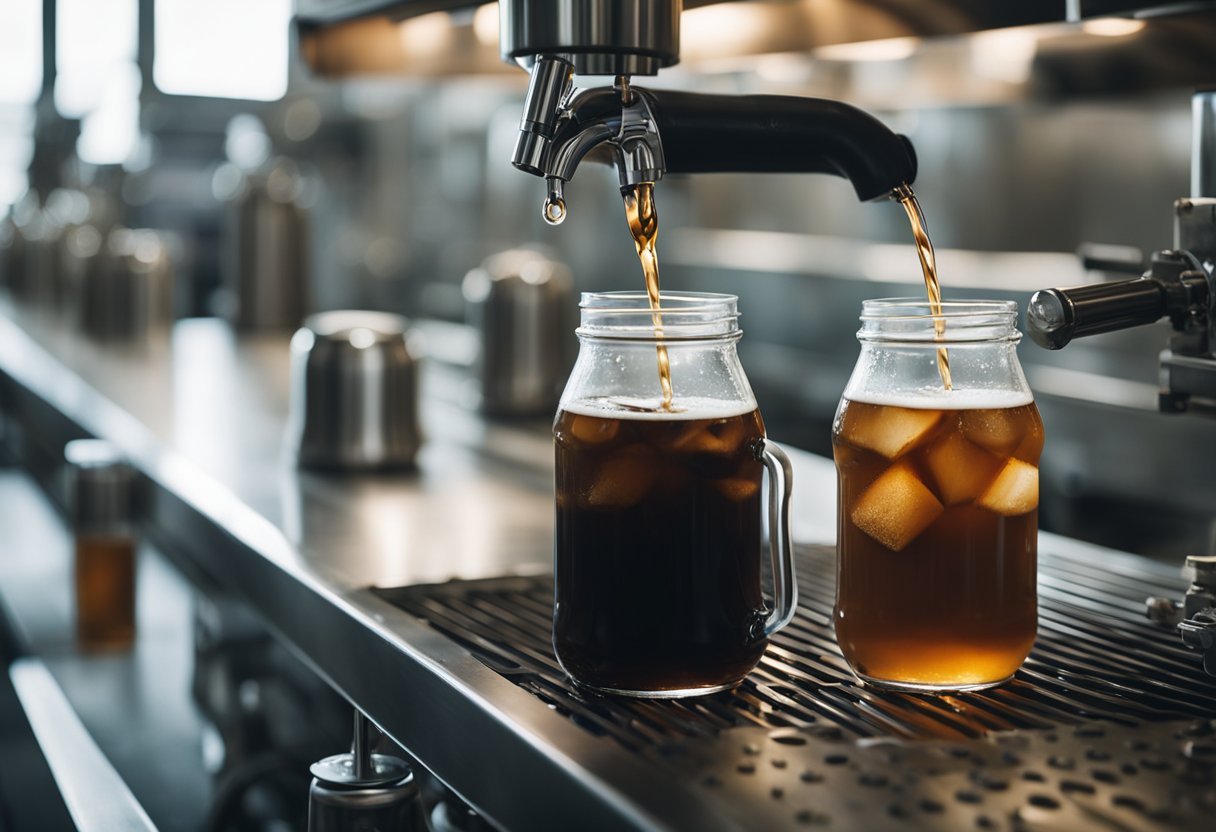 Cold brew coffee being brewed and bottled in a factory setting