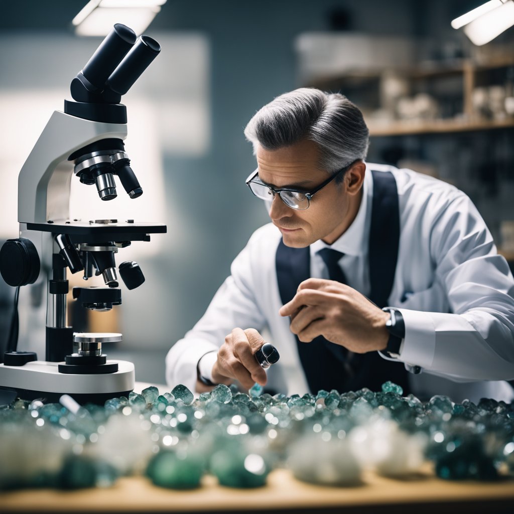 A gemologist examines gemstones under a microscope, noting their chemical properties and structures