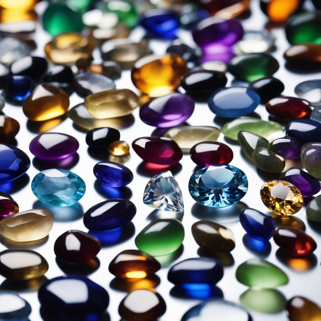 A table with various precious stones, labeled with their chemical properties, arranged for analysis