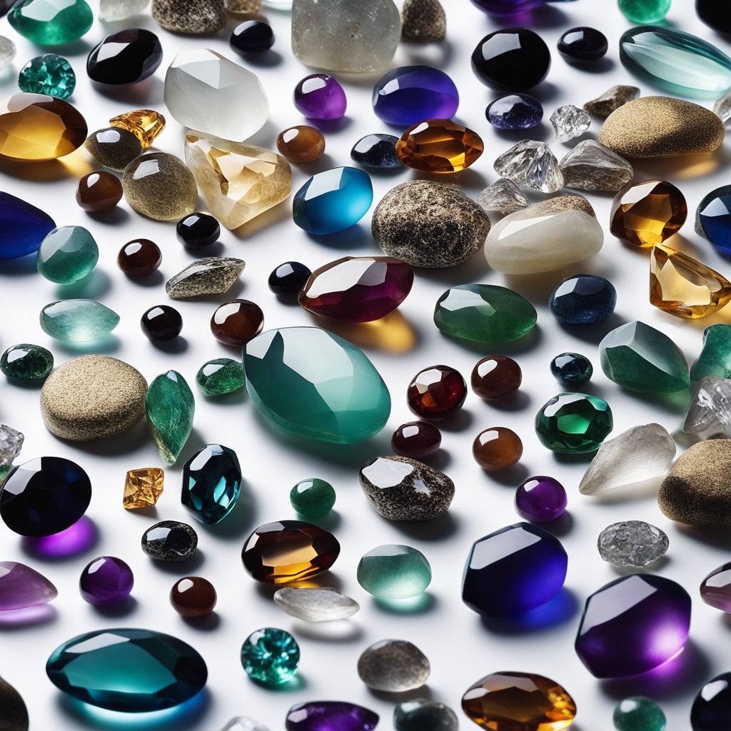 A table with various gemstones, labeled with their chemical properties, under bright lighting