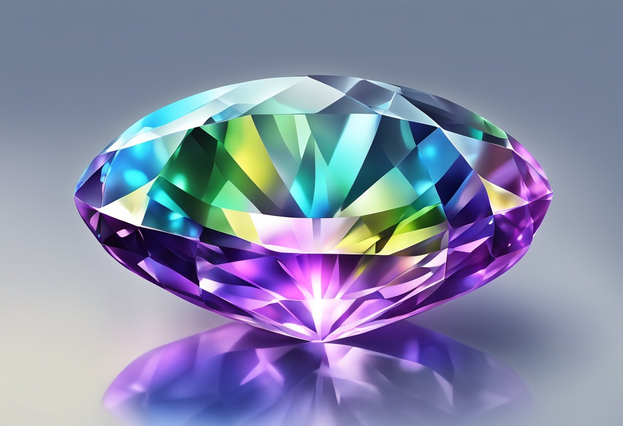 A sparkling gemstone reflects light, showcasing its brilliant colors and facets