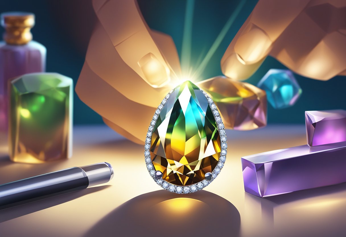 A gemstone being examined under a bright light, showcasing its color, clarity, and brilliance