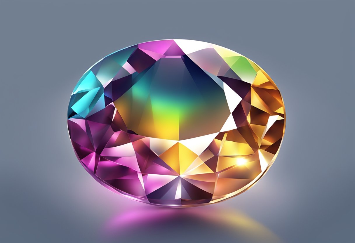 A sparkling gemstone reflects light, showcasing its vibrant colors and facets. Its smooth surface glistens with clarity, revealing its optical and physical properties