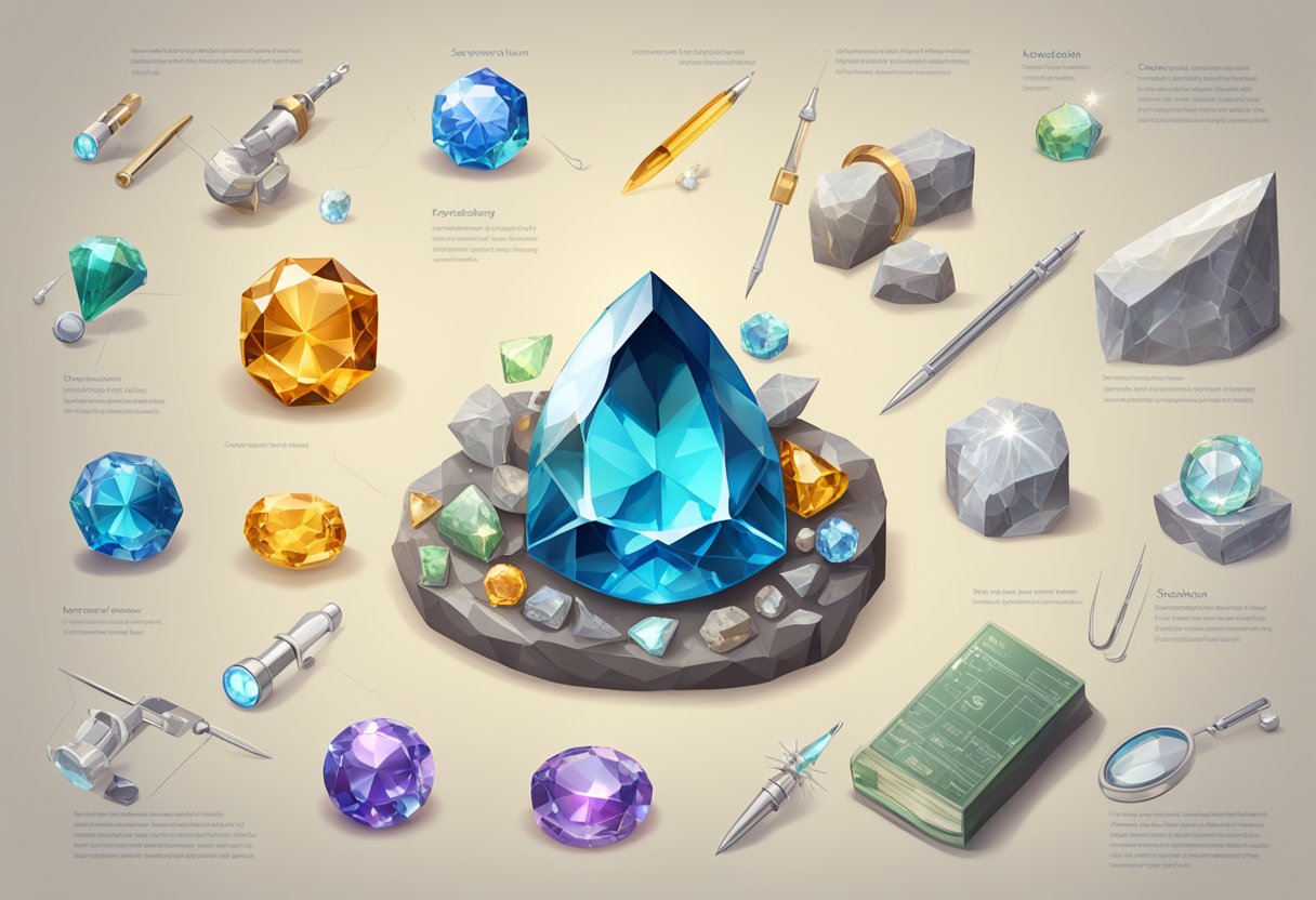 A sparkling gemstone surrounded by scientific instruments and a list of physical properties