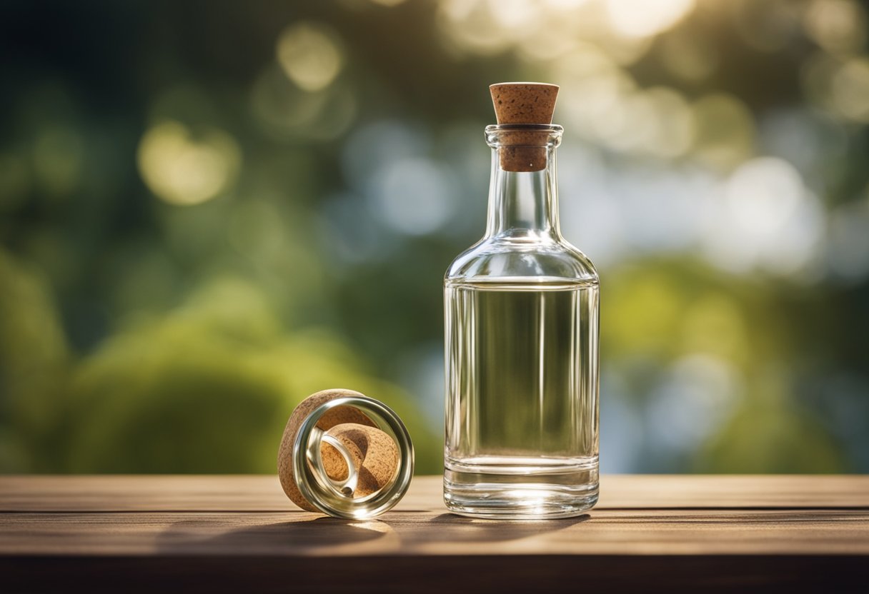 A glass bottle sits on a wooden table, catching the light with its smooth, transparent surface. A cork stopper rests beside it