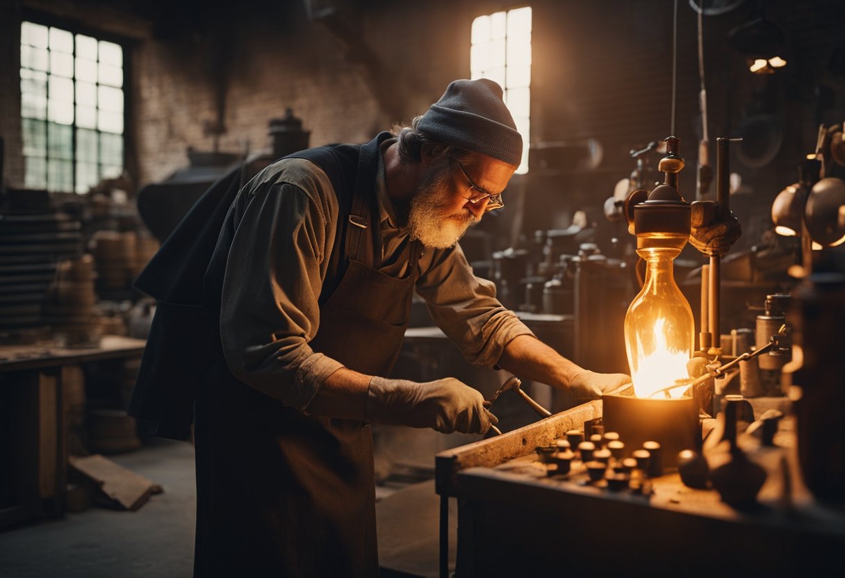 An ancient glassblower carefully crafts a glass bottle, surrounded by tools and raw materials. The glowing furnace illuminates the workshop, casting a warm, orange glow on the scene