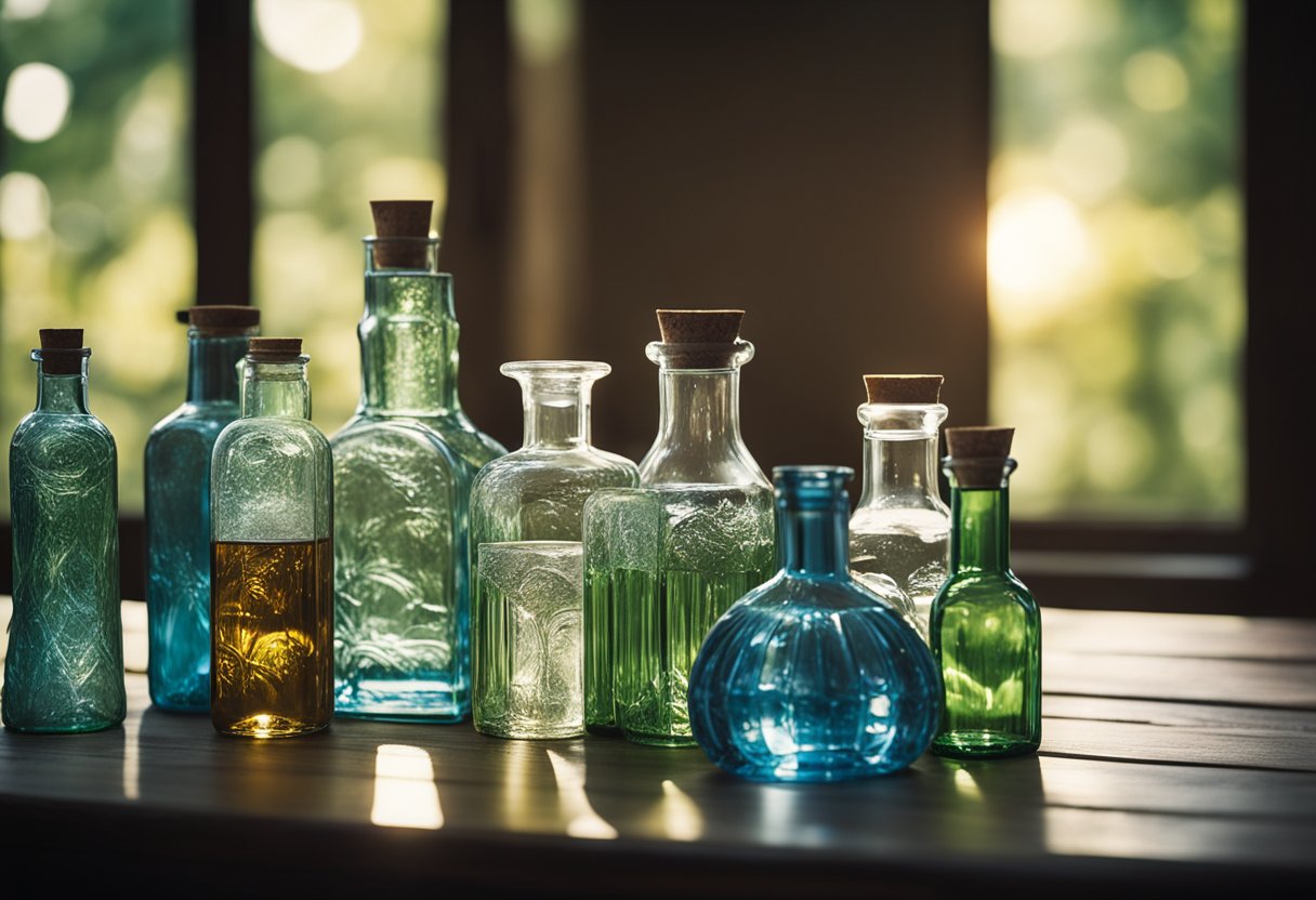 Various glass bottles in different shapes and sizes arranged on a wooden table with natural light shining through them