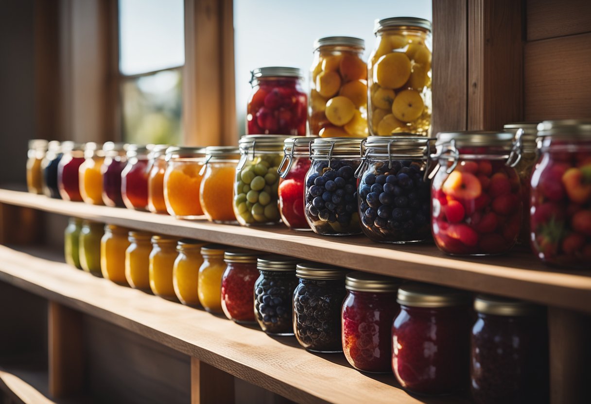 Glass jam jars lined up on a wooden shelf, filled with colorful fruits and sealed with patterned fabric tops. Sunlight streaming through a nearby window highlights the vibrant contents within