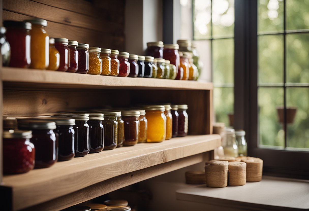 Glass jam jars lined on wooden shelves, varying in size and shape. Some filled with colorful preserves, others empty and waiting to be filled. Sunlight streaming through a nearby window, casting a warm glow on the collection