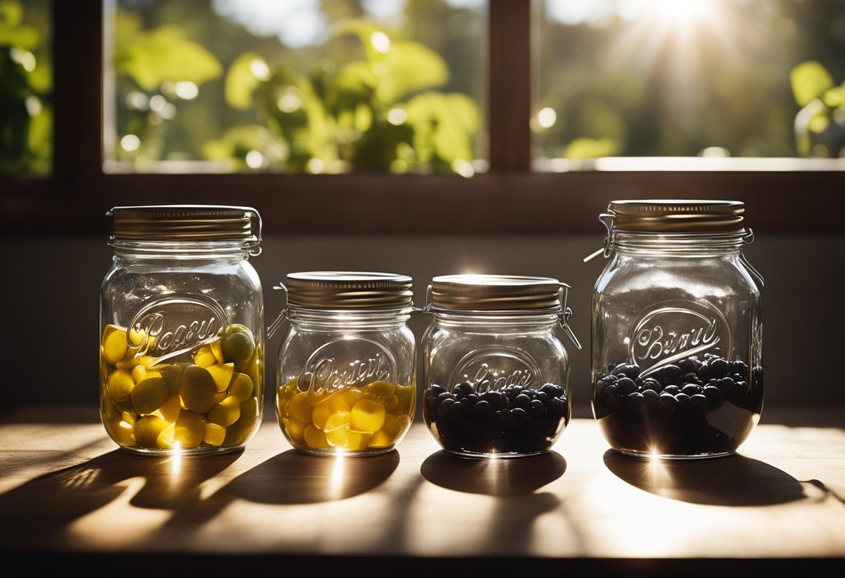Several glass jam jars of different shapes and sizes arranged on a wooden table. Sunlight streaming through a nearby window, casting interesting shadows on the jars